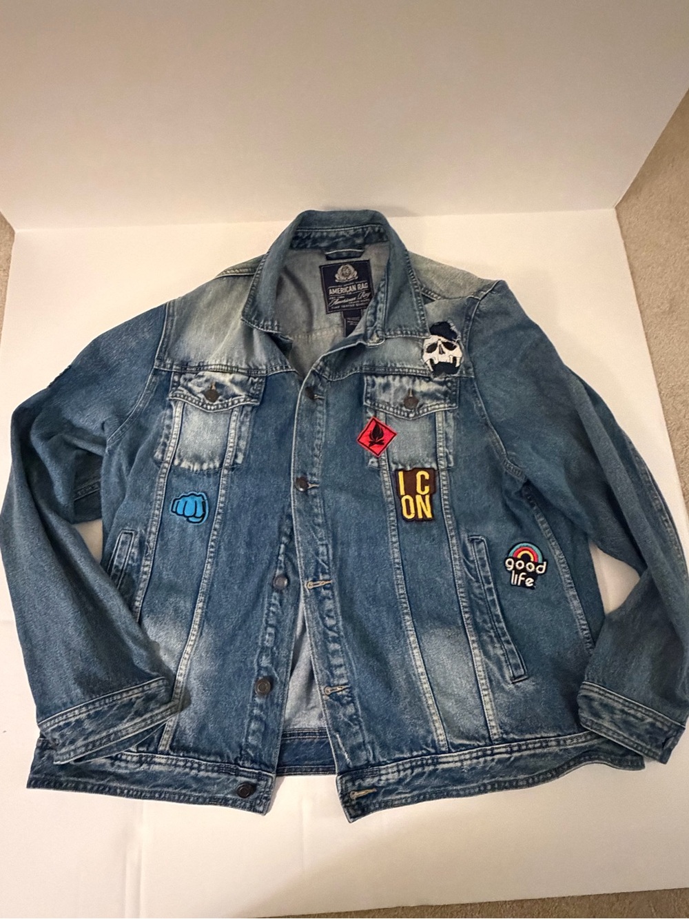 American Rag Washed Blue Denim Patchwork Jacket